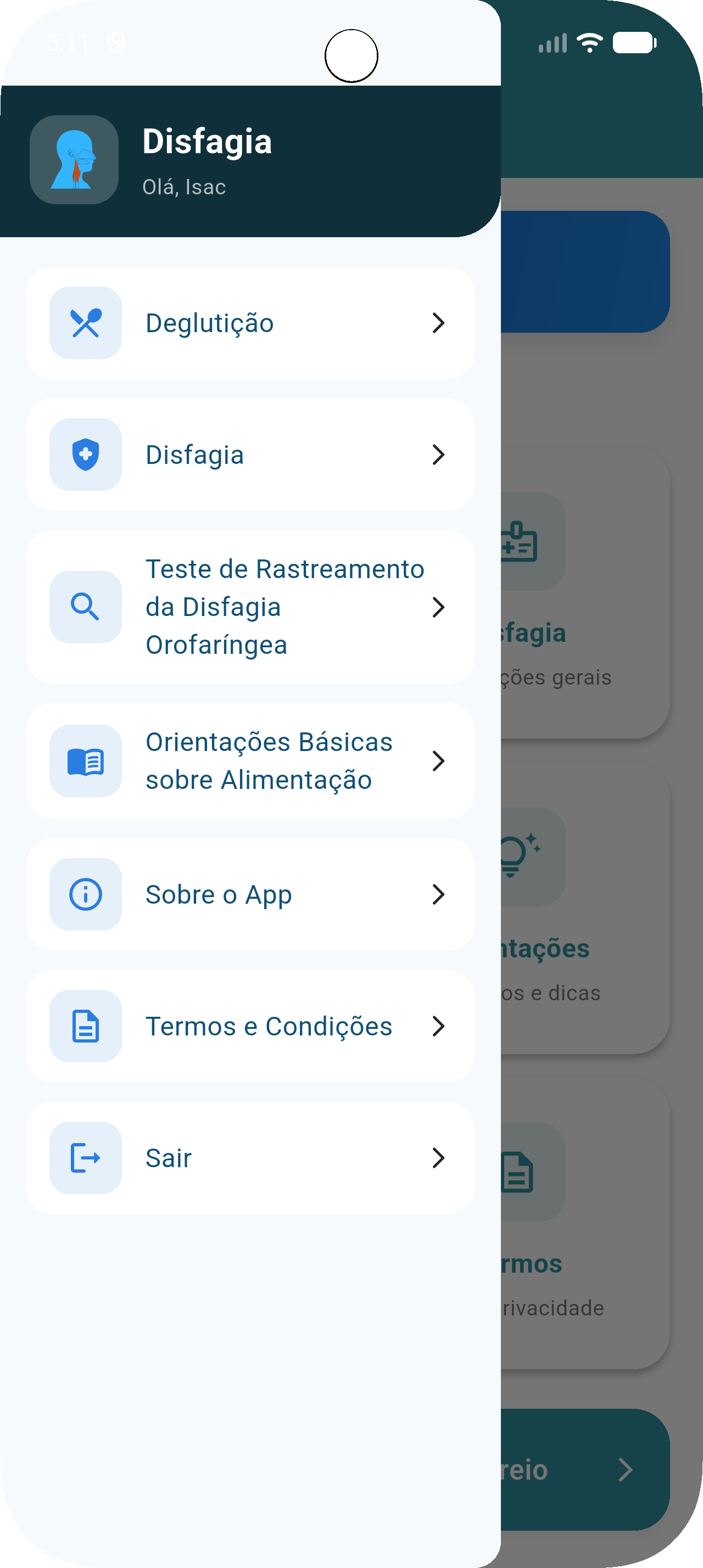 Tela do teste de rastreio do Disfagia App