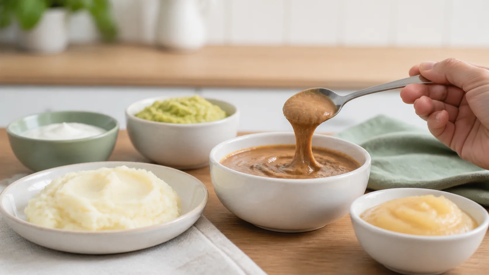 Spoon showing a sticky pasty food beside soft textures for dysphagia education