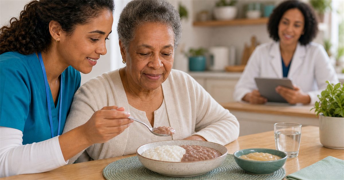 Arroz e feijão adaptados em textura macia para alimentação segura na disfagia