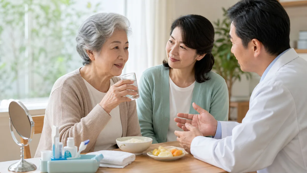 Older adult talking with a healthcare professional about dry mouth and swallowing difficulty