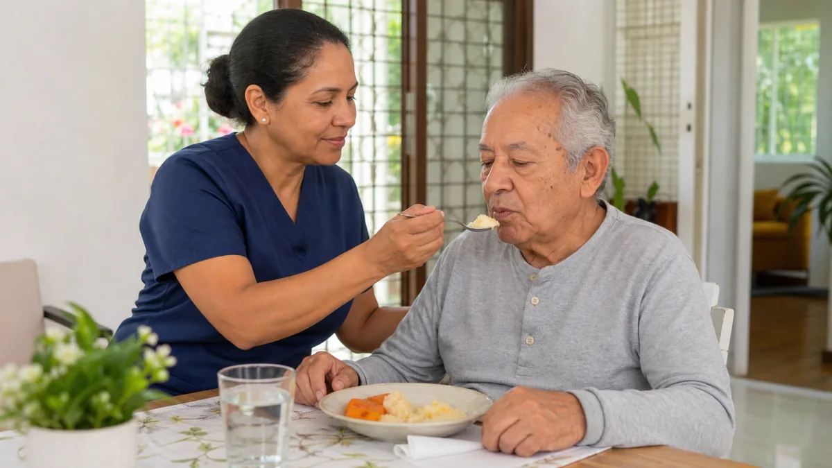 Cuidadora oferecendo alimento com colher para idoso sentado durante alimentação assistida