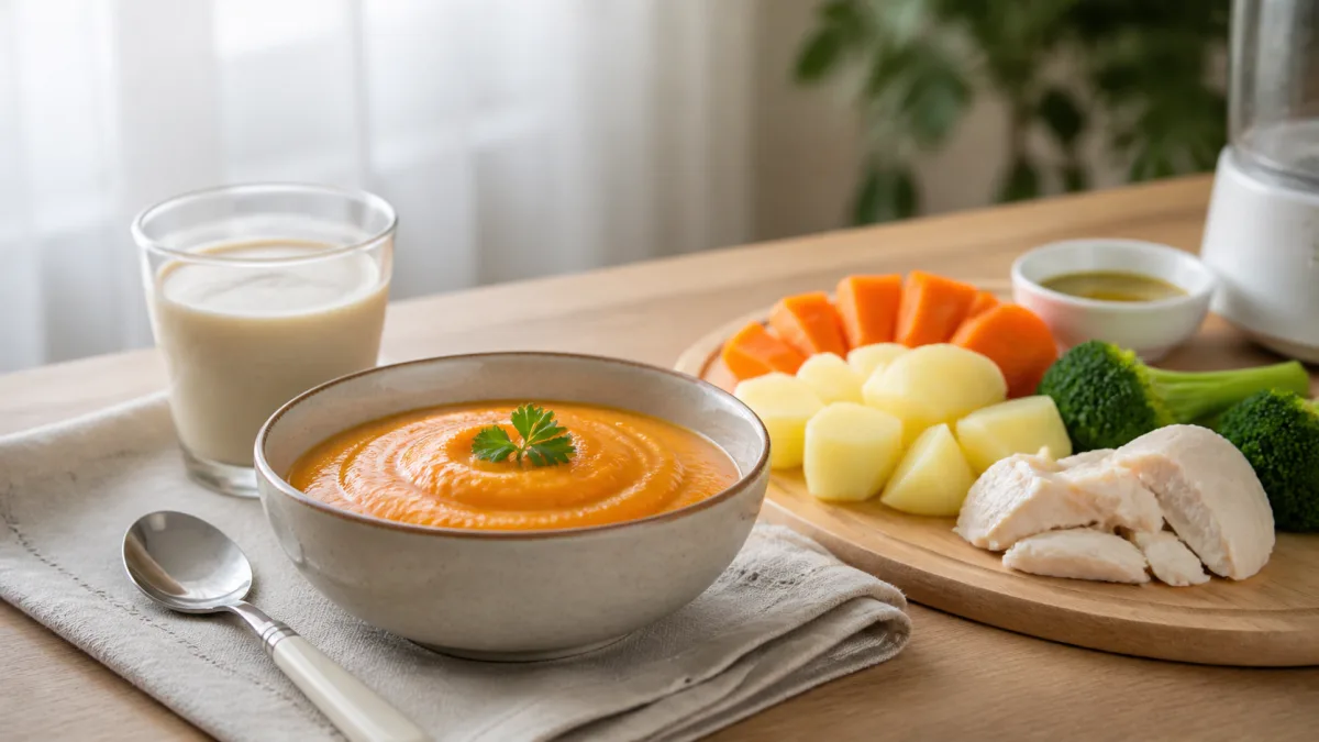 Comida batida para disfagia com purê homogêneo e bebida adaptada