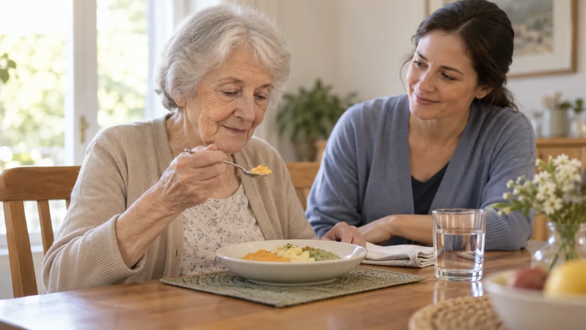 Caregiver and older adult at the table, calm unhurried meal, respecting pace and autonomy