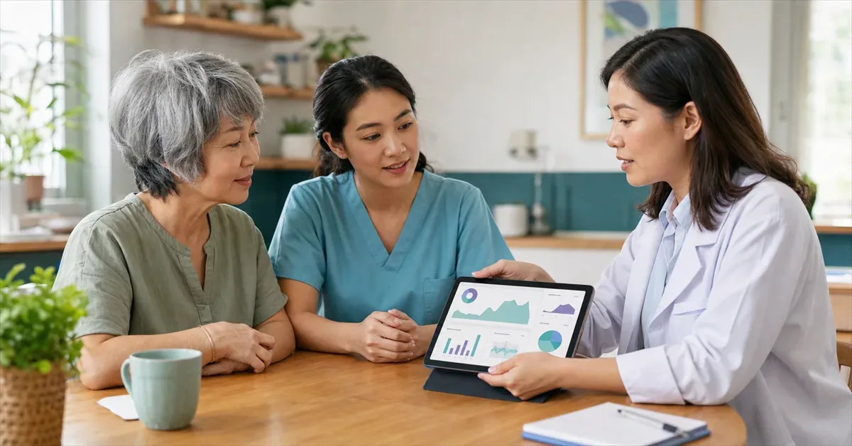 Caregiver, older adult and speech-language pathologist reviewing a health app for dysphagia monitoring