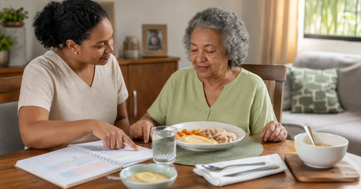 Caregiver organizing meals for an older adult with dysphagia