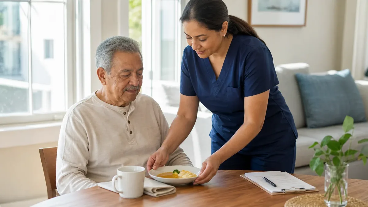 Caregiver preparing a calm meal environment for an older adult with dysphagia