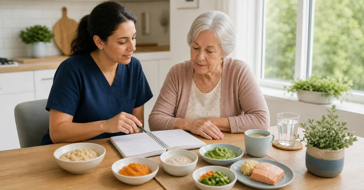 Healthcare professional and older woman planning a varied adapted meal for dysphagia