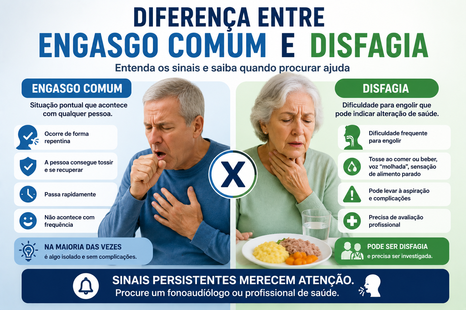 Comparação entre engasgo comum e disfagia para ajudar a identificar sinais de alerta