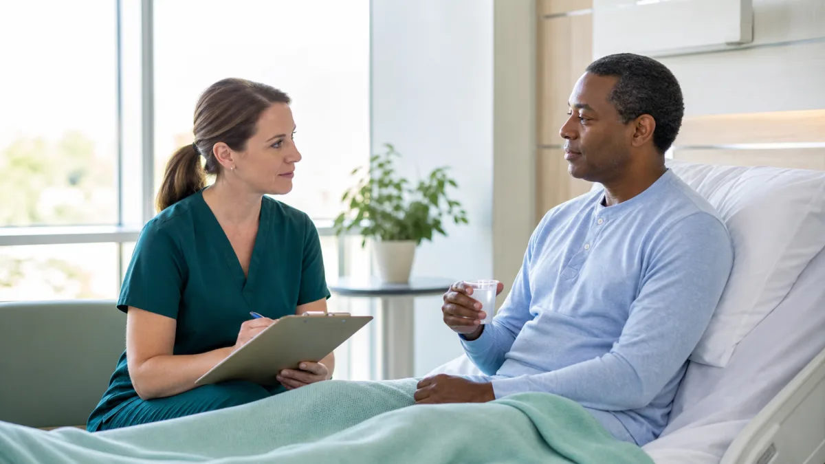 Healthcare professional assessing swallowing after intubation with a recovering patient