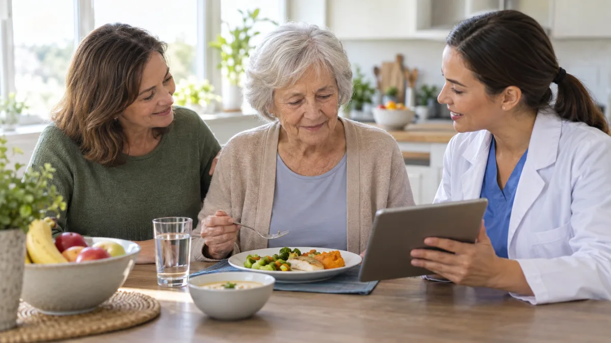 Older adult receiving guidance about dysphagia, nutrition, and weight loss