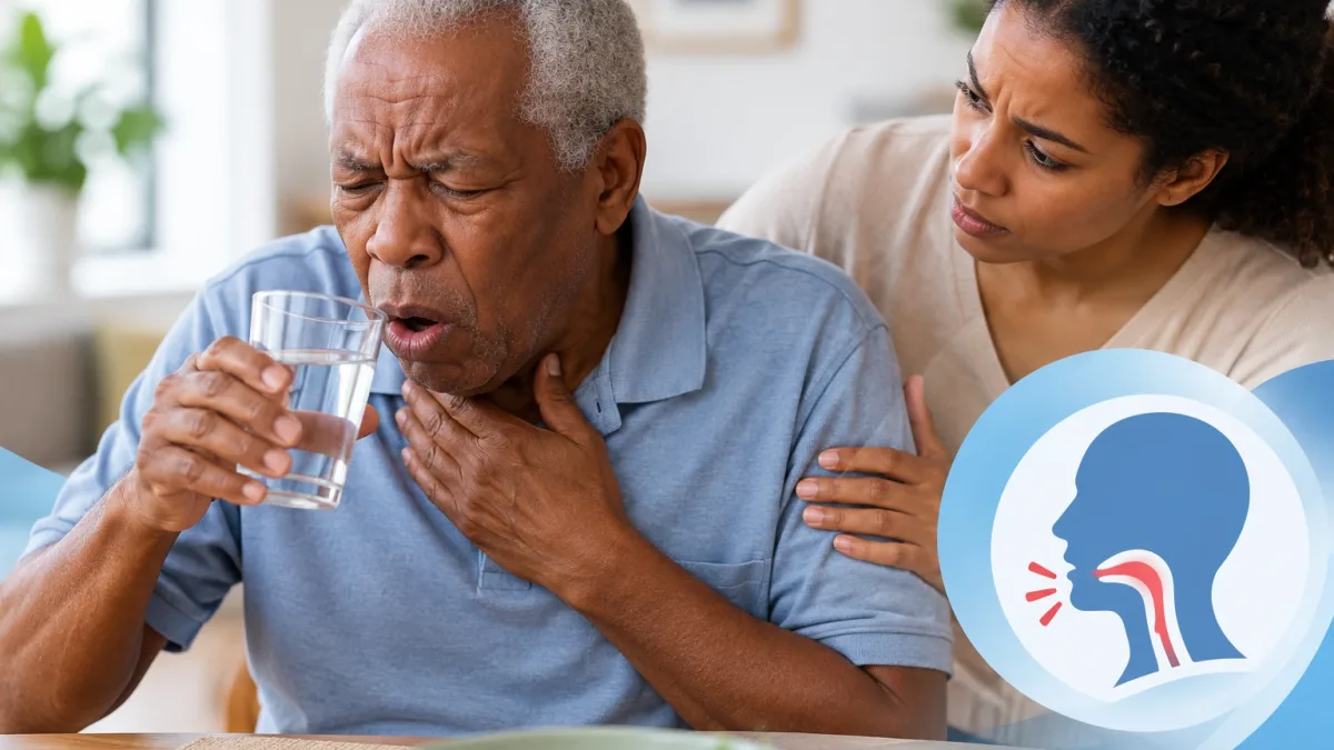 Caregiver watching closely right after an older adult has a light cough while drinking water