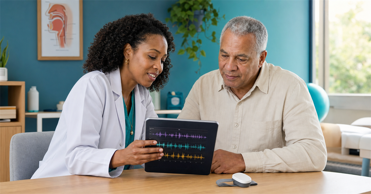 Speech-language pathologist and older adult review swallowing data with artificial intelligence support