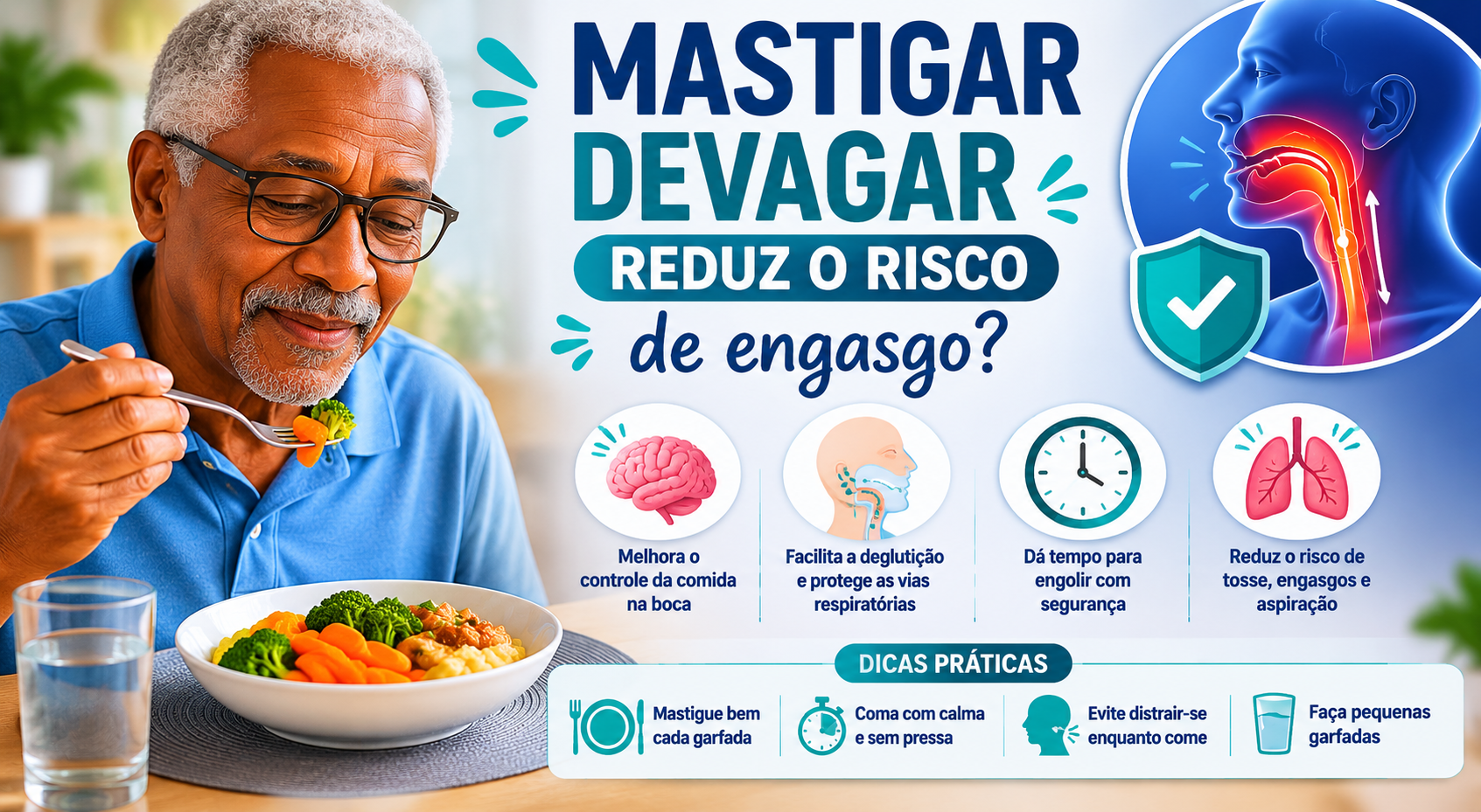 Pessoa mastigando devagar para reduzir risco de engasgo
