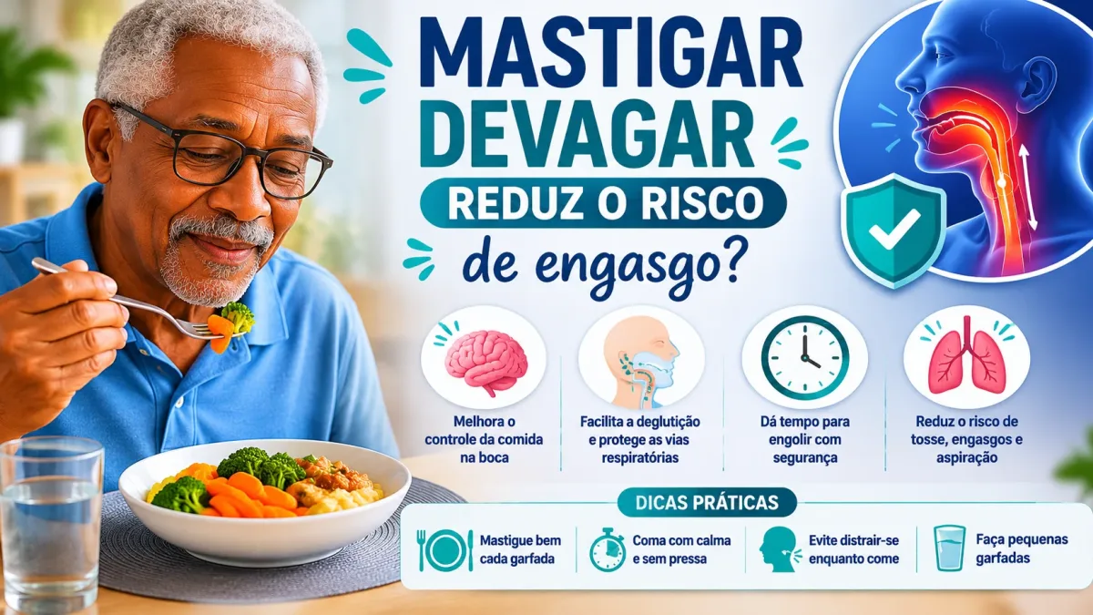 Person chewing slowly to reduce choking risk