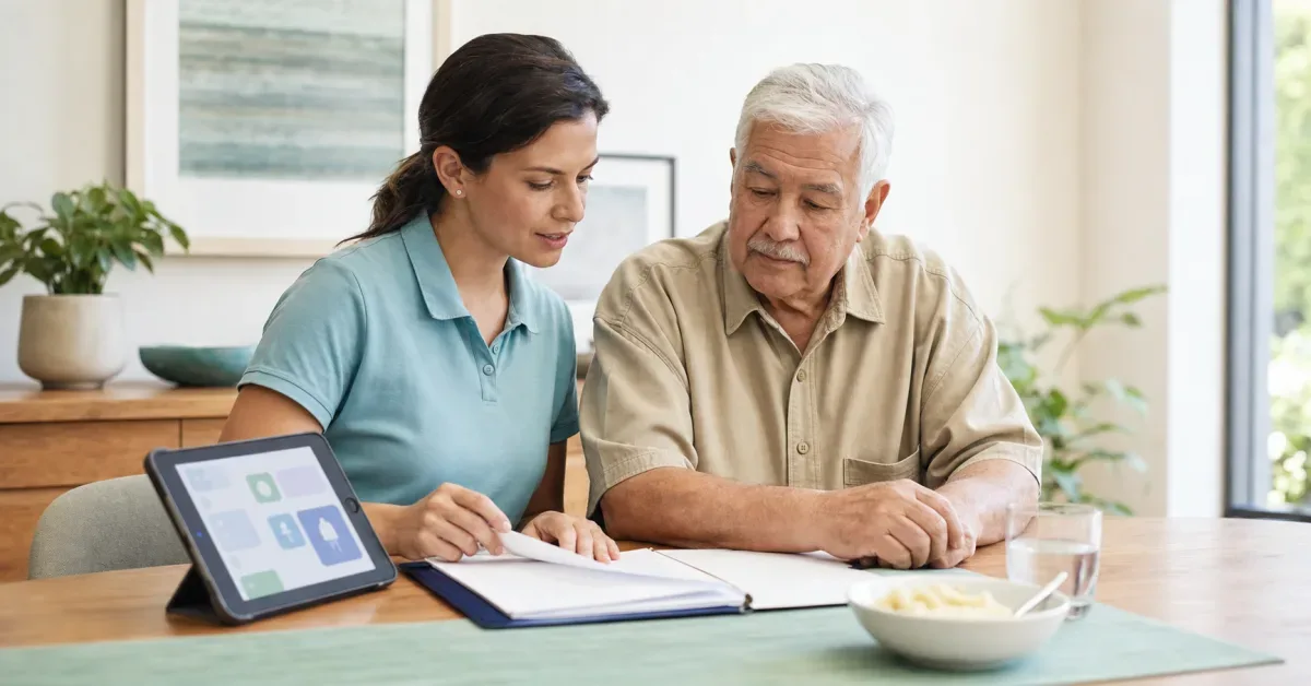 Caregiver organizing a discharge plan for an older adult with dysphagia at home