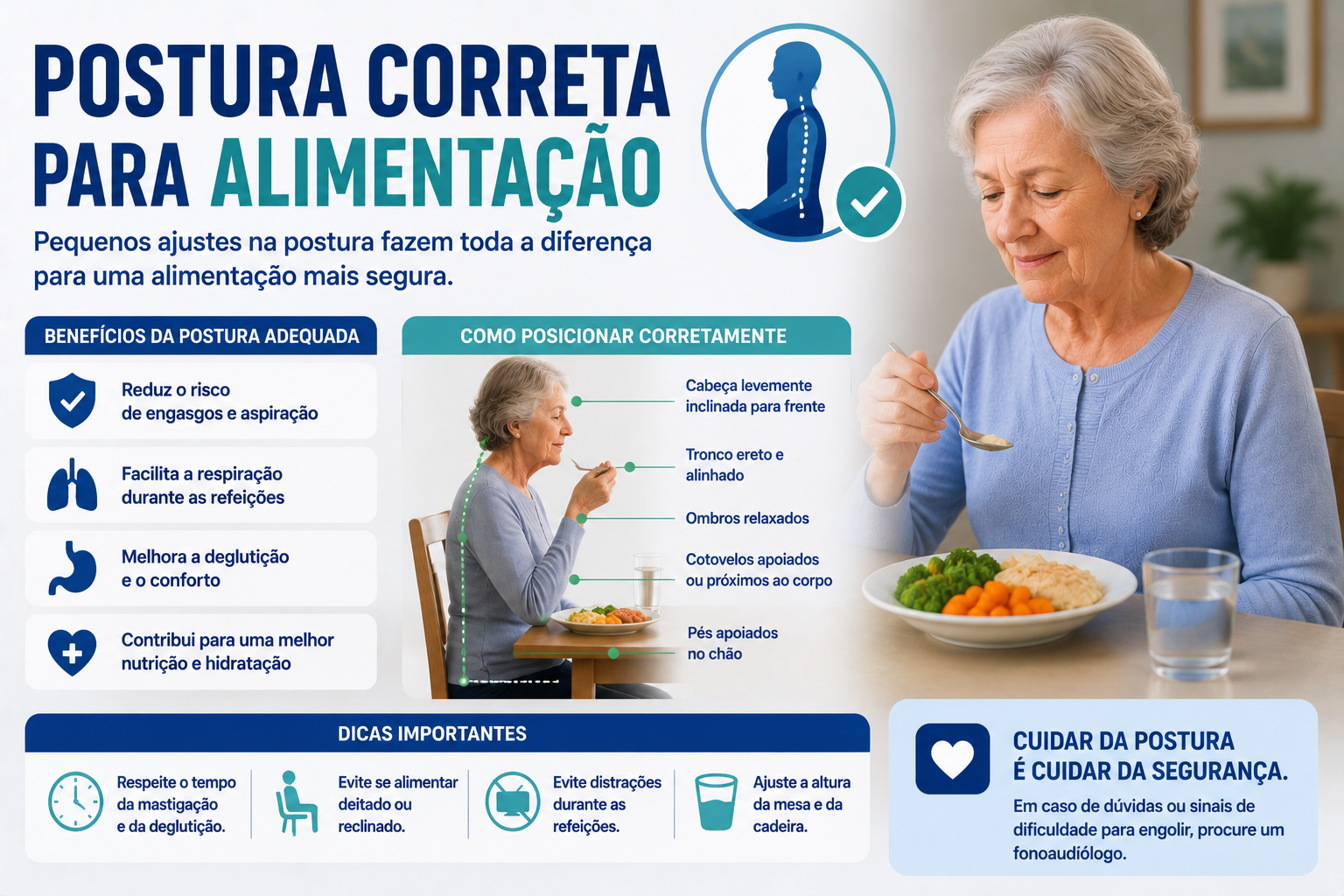Cuidadores ajudando com postura correta durante a alimentação