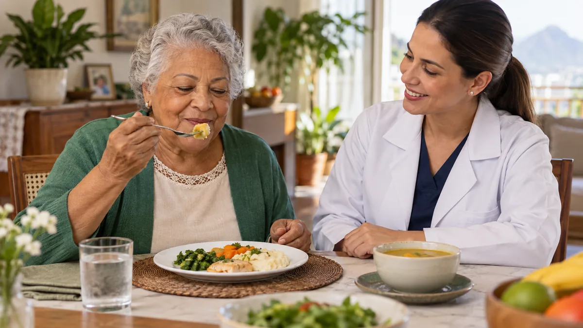 Older adult chewing a soft meal with professional support and attention to oral comfort