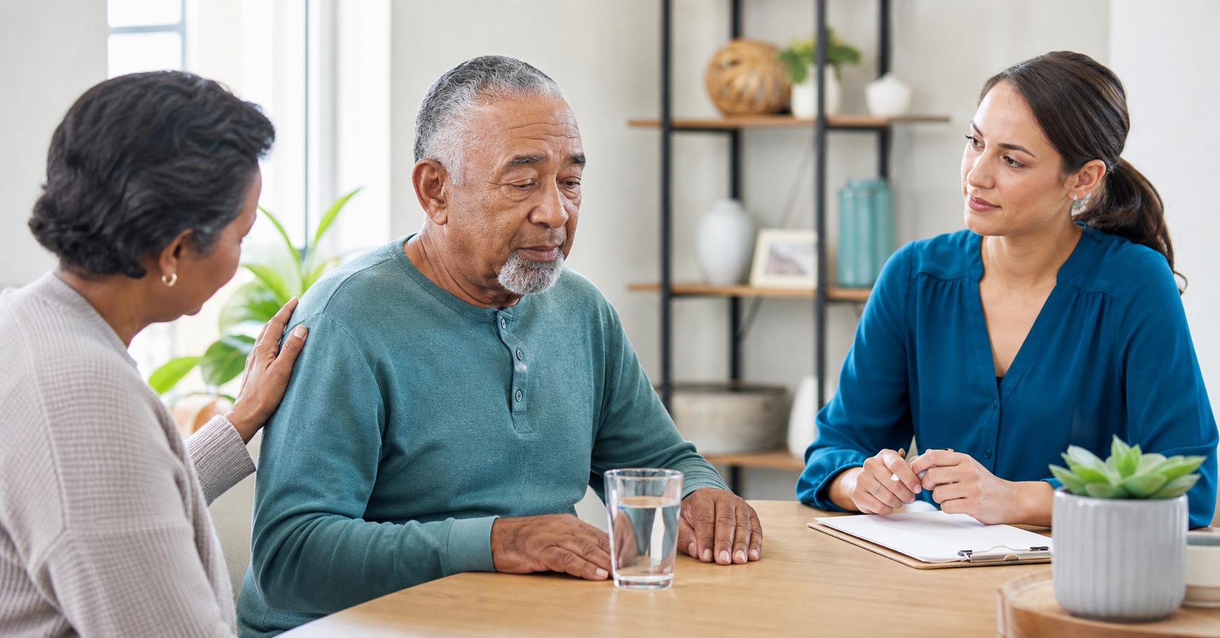 Pessoa com Parkinson recebendo orientação sobre líquidos seguros e disfagia