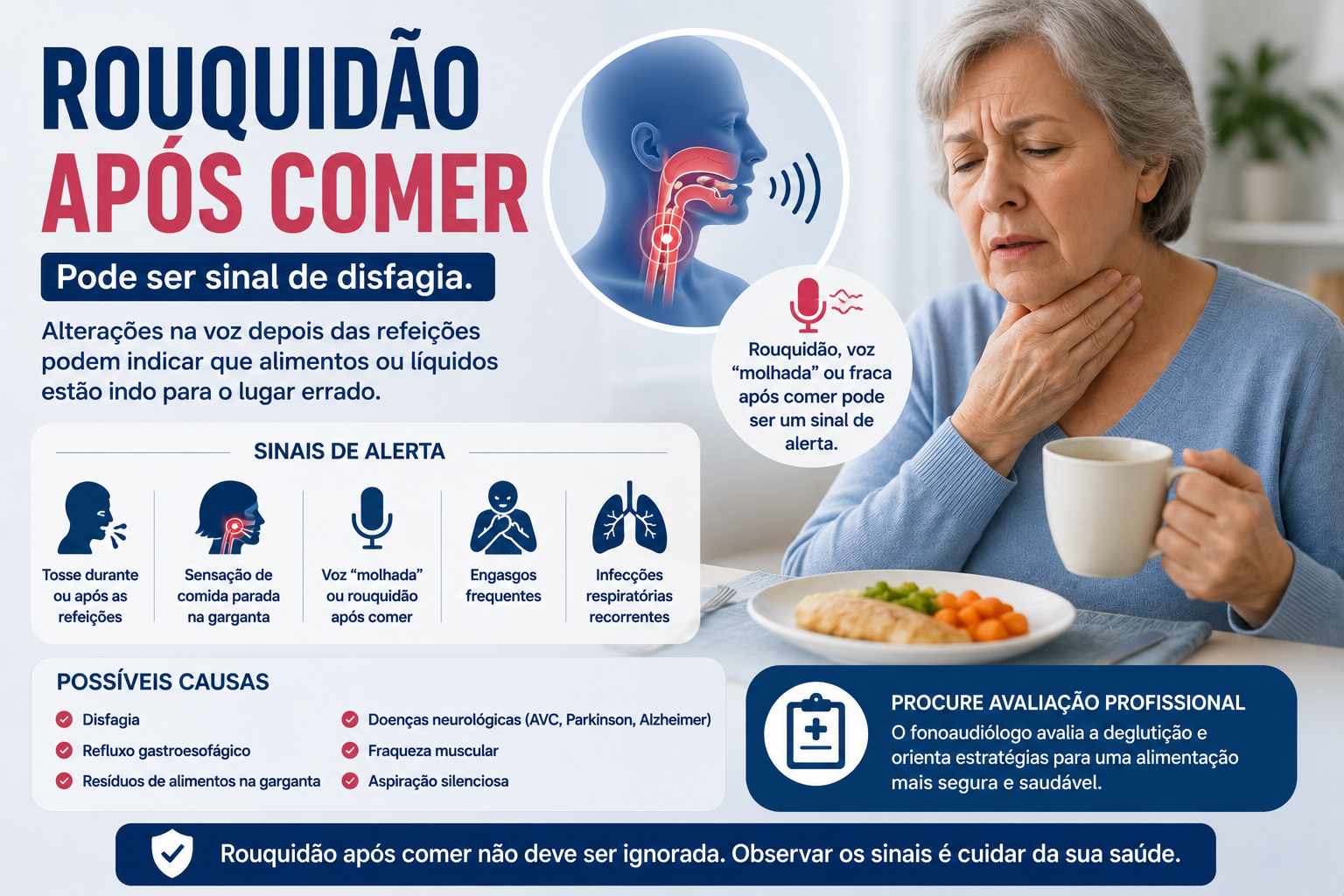 Rouquidão após comer e sinais de disfagia
