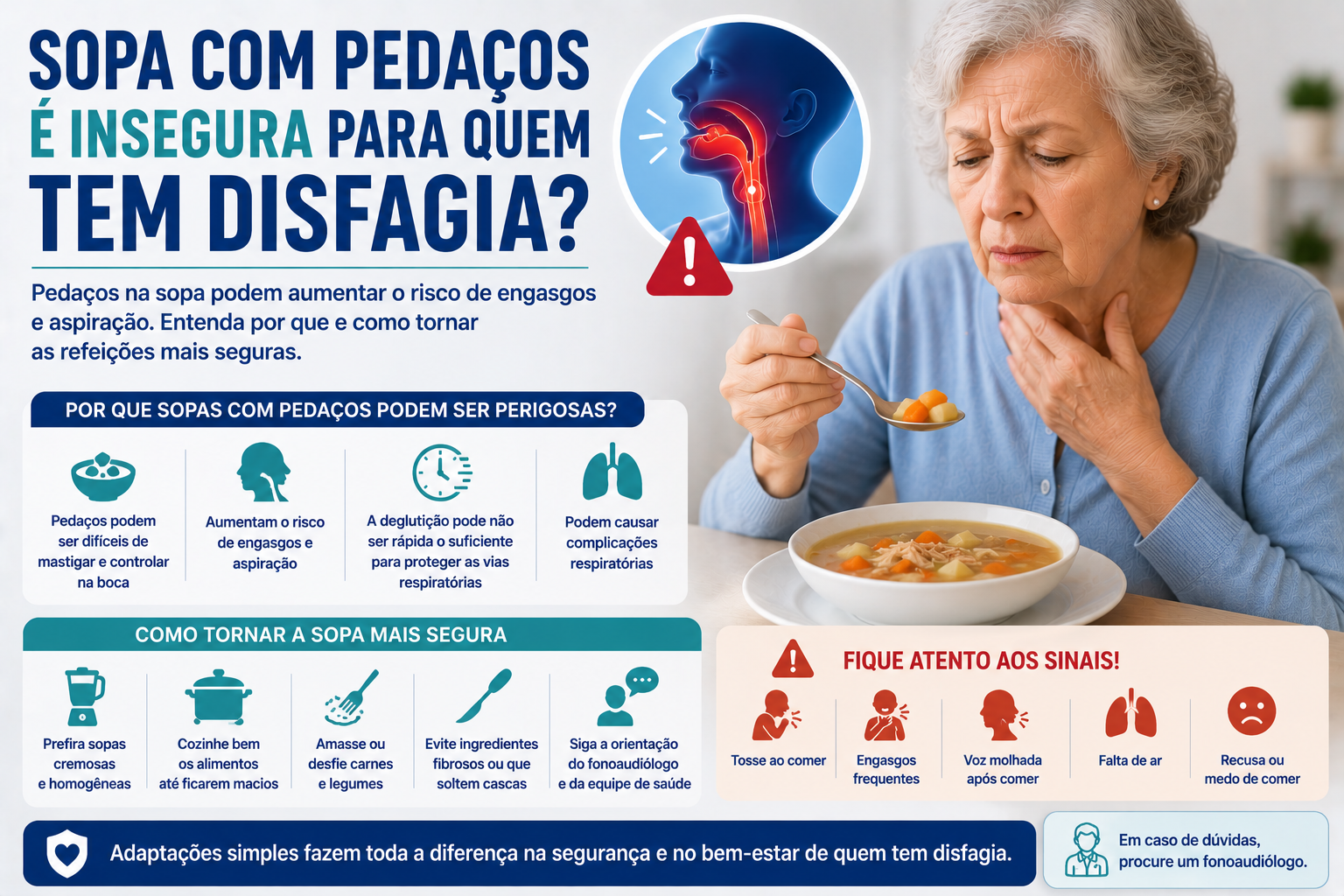 Sopa com pedaços e riscos de engasgo para quem tem disfagia